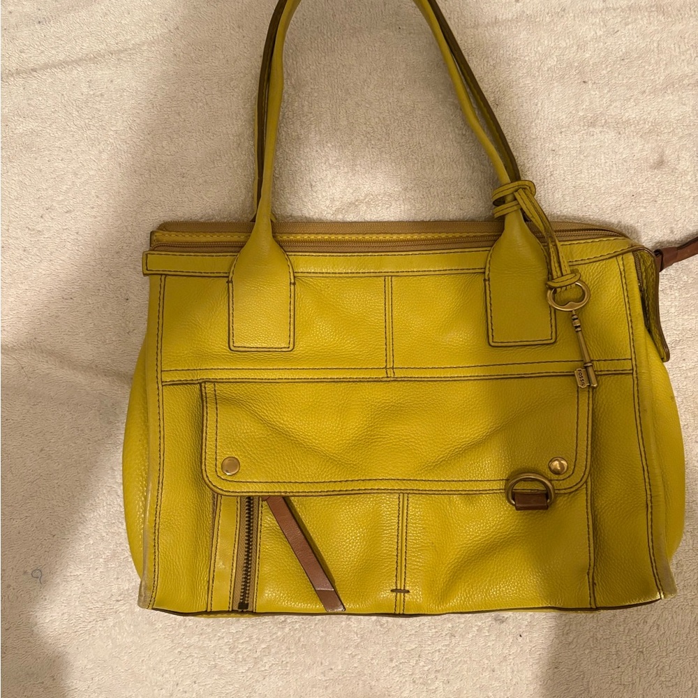 Fossil Yellow Leather Tote with Brown Accents